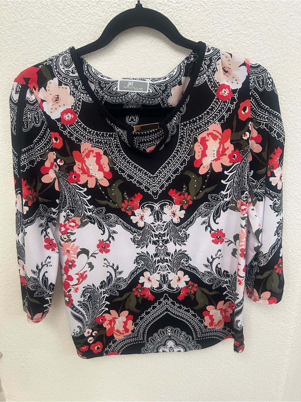 JM Collection Black Floral-Print Scoop Neck Long Sleeve Top